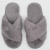 Cross Fluffy Faux Fur Fuzzy Slippers - Open Toe Gray Slides (6)