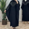 Elegant Black Batwing Maxi Abaya and Kaftan with Silver Rhinestone Detailing, Strands on Bust and Hidden Inner Adjustable Waist Belt – Free Size (3)