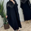 Elegant Black Batwing Maxi Abaya and Kaftan with Silver Rhinestone Detailing, Strands on Bust and Hidden Inner Adjustable Waist Belt – Free Size (4)