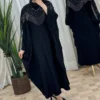 Elegant Black Batwing Maxi Abaya and Kaftan with Silver Rhinestone Detailing, Strands on Bust and Hidden Inner Adjustable Waist Belt – Free Size (7)