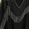 Elegant Black Batwing Maxi Abaya and Kaftan with Silver Rhinestone Detailing, Strands on Bust and Hidden Inner Adjustable Waist Belt – Free Size (8)