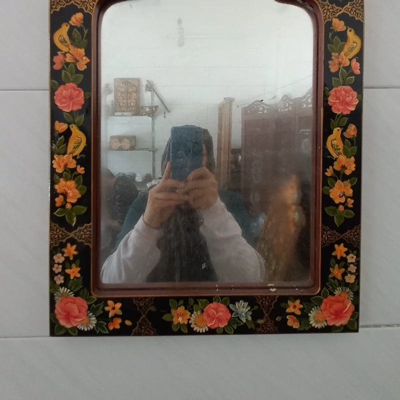 Hand-Painted Wooden Wall Mirror – Floral, Bird & Dervish Pattern, Artist-Signed, Natural Colors