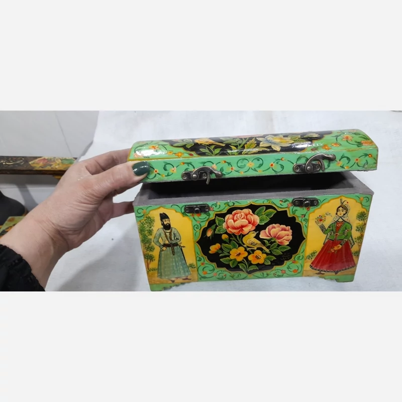 Handcrafted Wooden Jewelry Gift Box – Mineral-Painted, Velvet Lined, Persian-Inspired Pattern