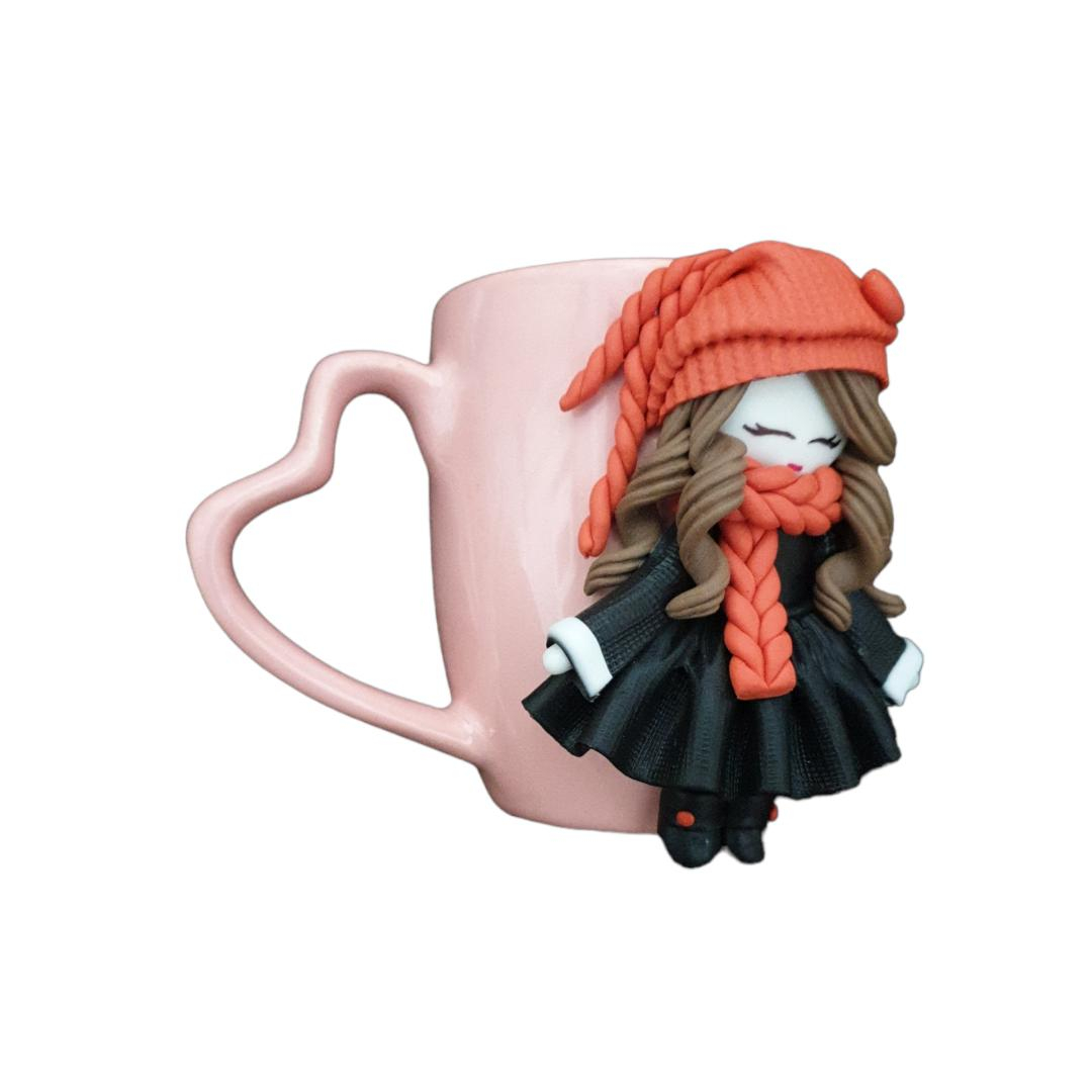 Handmade Ceramic Mug Doll Autumn Design – Artistic Polymer Clay Decoration for Hot and Cold Drinks