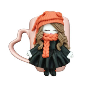 Handmade Ceramic Mug Doll Autumn Design – Artistic Polymer Clay Decoration for Hot and Cold Drinks