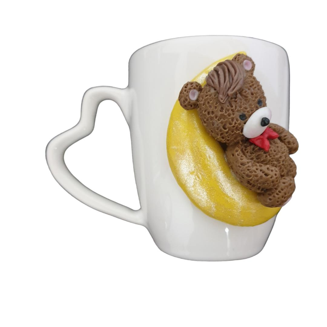 Handmade Ceramic Mug Featuring Bear and Moon – Artistic Polymer Clay Figurine, Charming Collectible Gift