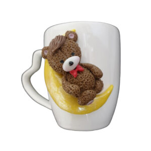 Handmade Ceramic Mug Featuring Bear and Moon – Artistic Polymer Clay Figurine, Charming Collectible Gift