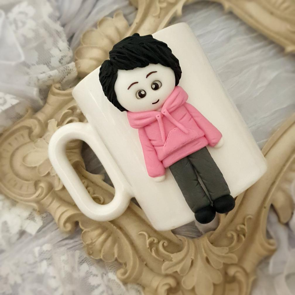 Handmade Ceramic Mug Featuring Boy Doll – Charming Polymer Clay Design, Ideal for Everyday Drinks