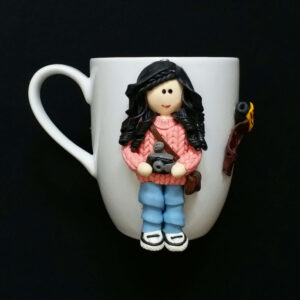 Handmade Ceramic Mug with Girl Photographer Figurine – Unique Polymer Clay Art for Hot & Cold Drinks