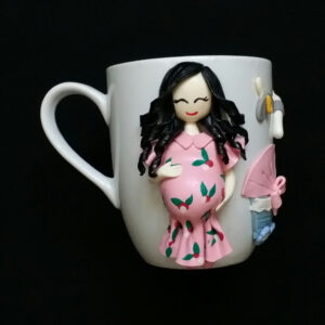 Handmade Ceramic Mug with Pregnant Woman Figure – Unique Polymer Clay Decoration for Hot & Cold Drinks