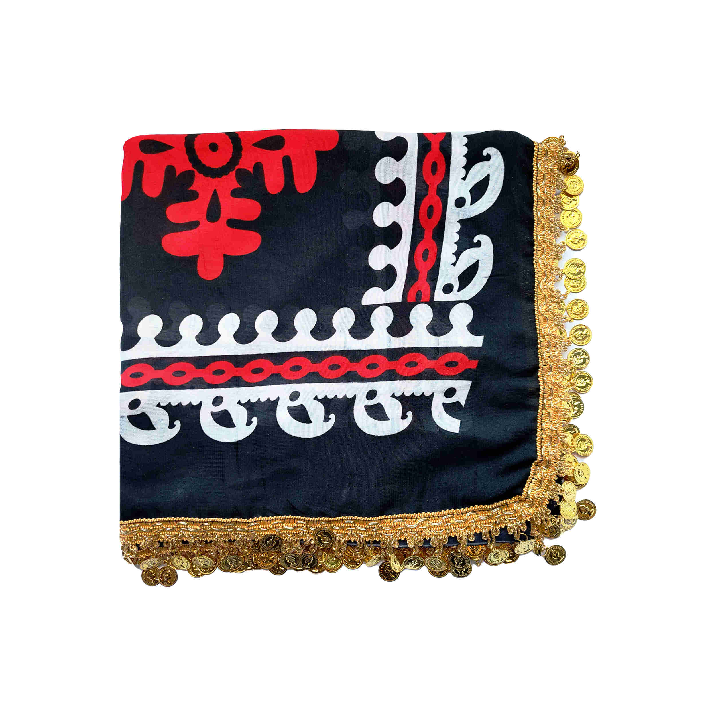 Handmade Kurdish Scarf – Black & Red Tassel Floral Style