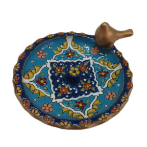 Persian Handmade Pottery Incense Holder – Round Shape with Hand-Painted Bird Design