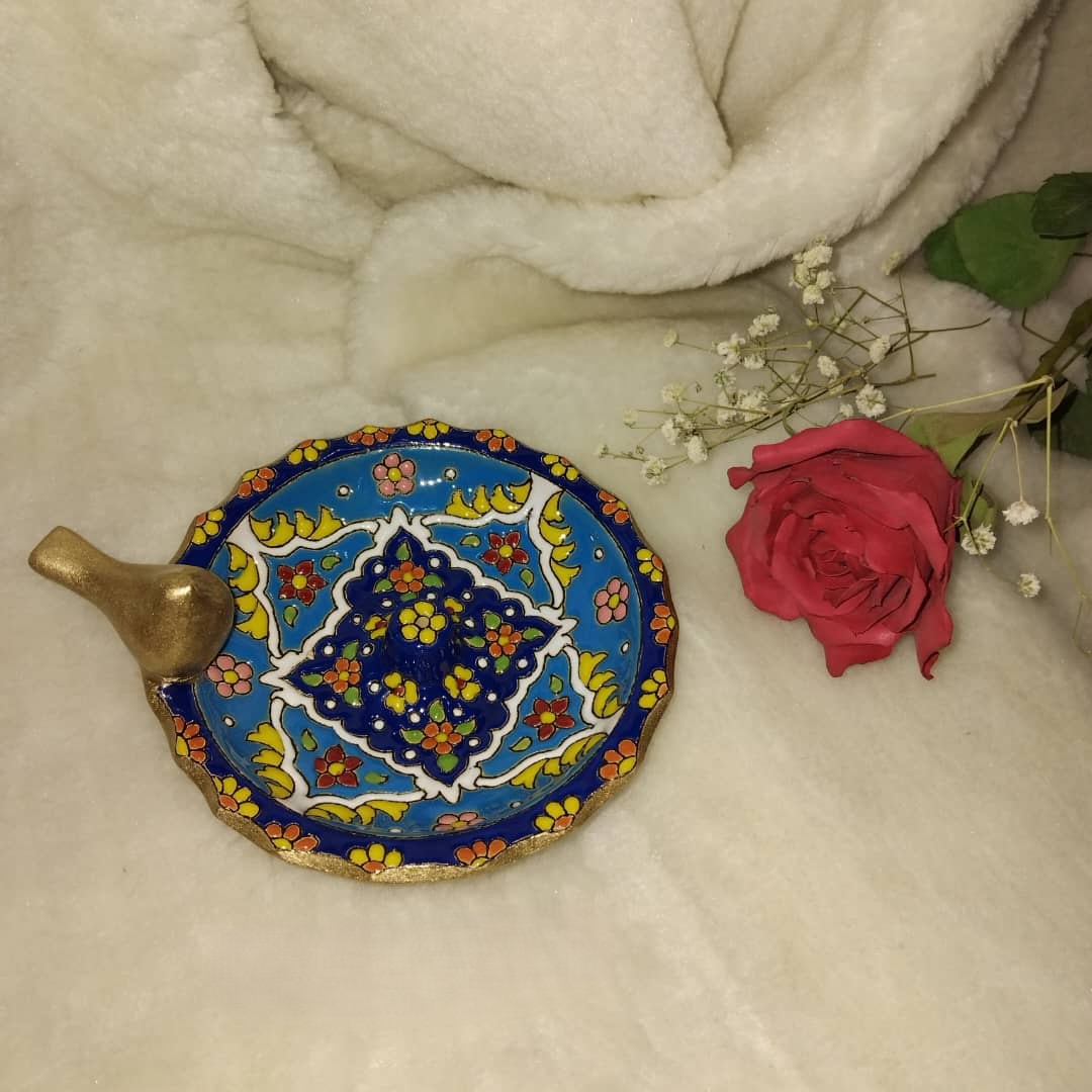 Persian Handmade Pottery Incense Holder – Round Shape with Hand-Painted Bird Design
