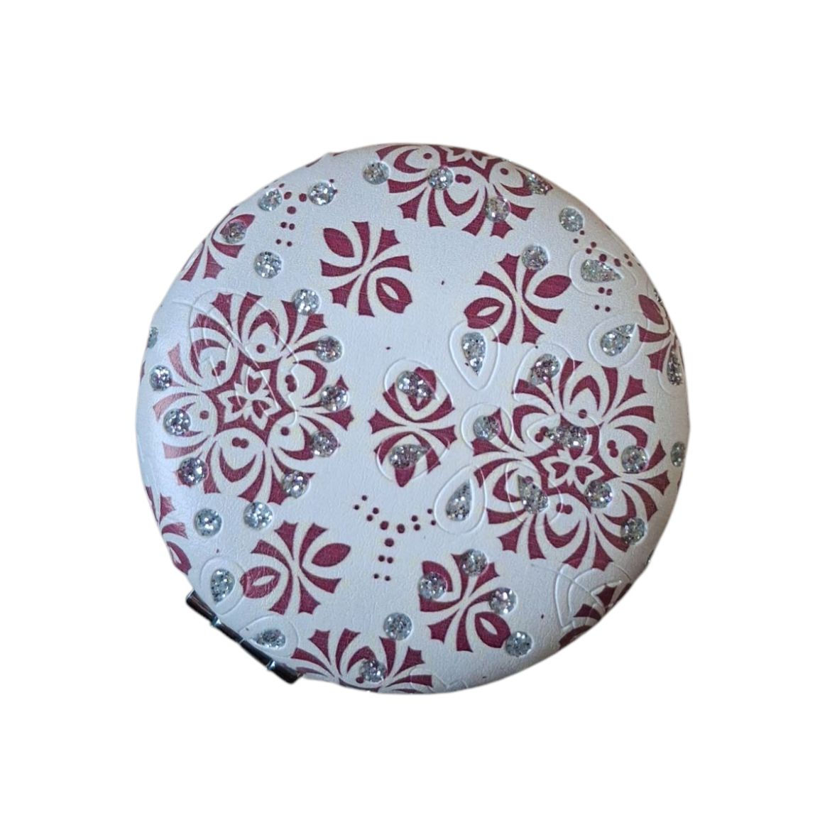 Iranian White Pocket Mirror with Pink Traditional Motifs and Gem Embellishments