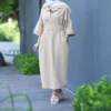Linen Kaftan Dress with Dual‑Style Sleeves and Removable Wide Fabric Belt - Suitable for Everyday Outing, Relaxed Gathering (1)
