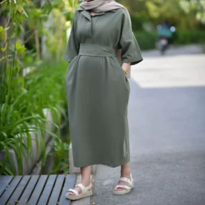 Linen Kaftan Dress with Dual‑Style Sleeves and Removable Wide Belt and Notched Lapel