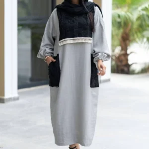 Kaftan with Bishop Sleeves and Two Black Pockets in Front and Lace Appliqué Detailing