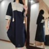 Navy Blue Linen Beach Style Kaftan Abaya with Cream Embroidery Bust and Cuffs Detailing, Free Size (1)