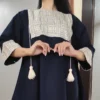 Navy Blue Linen Beach Style Kaftan Abaya with Cream Embroidery Bust and Cuffs Detailing, Free Size (2)