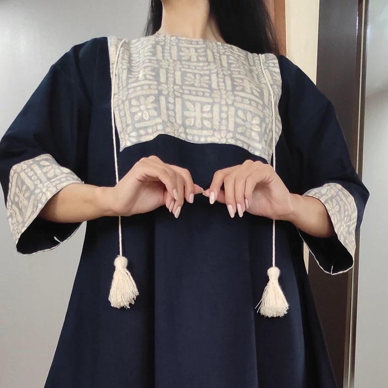 Navy Blue Linen Beach Style Kaftan Abaya with Cream Embroidery Bust and Cuffs Detailing