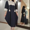 Navy Blue Linen Beach Style Kaftan Abaya with Cream Embroidery Bust and Cuffs Detailing, Free Size (3)