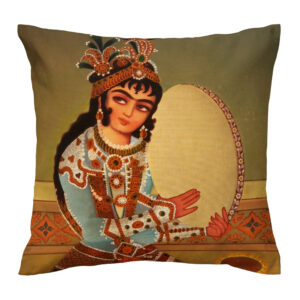 Persian Art Velvet Pillow Cover – Printed Design of Girl Playing Daf, Ideal for Sofa & Living Room