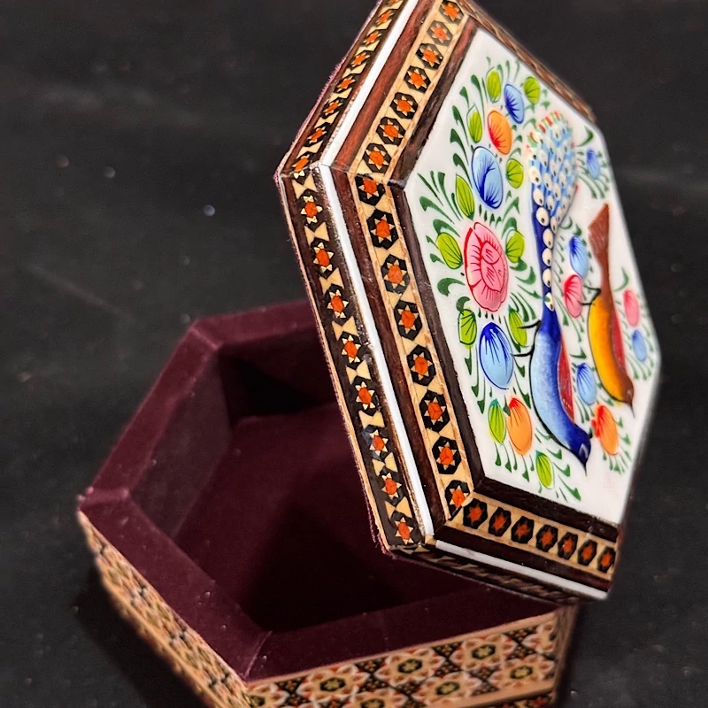 Persian Khatam-Inlaid Wooden Jewelry Box with Bird and Flower Motifs