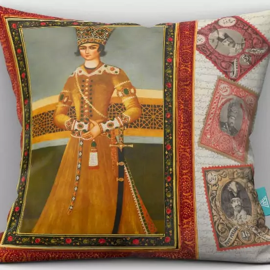 Persian Velvet Cushion Cover – Featuring a Qajar Prince and Stamp Design, Reflecting the Elegance of Persian Royal Heritage
