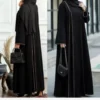Solid Long Kaftan Abaya with Minimalist Vertical White Line – Lightweight and Comfortable, Free Size up to 50 (1)