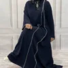 Solid Long Kaftan Abaya with Minimalist Vertical White Line – Lightweight and Comfortable, Free Size up to 50 (5)