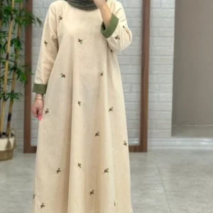 Summer Linen A-line Kaftan Dress – Embroidered Floral Design with Hidden Pocket and Foldable Sleeve Edges