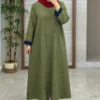 Summer Linen Kaftan Dress – Embroidered Design with Hidden Pocket and Foldable Sleeve Edges, Free Size (3)