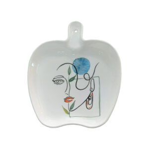 White Ceramic Dish with Abstract Face Pattern and Small Handle – For Serving & Wall Decoration