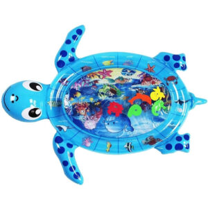 Inflatable Round Baby Aquarium Water Play Mat – Smiling Cartoon Shark Ocean Sensory Tummy Time Pad with Floating Shapes