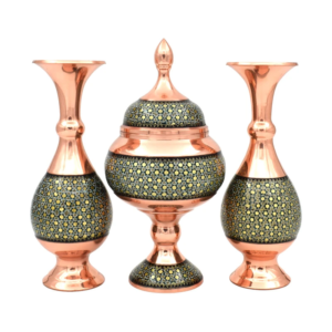 3-Piece Khatamkari Copper Vase and Candy Dish Set with Velvet Gift Box