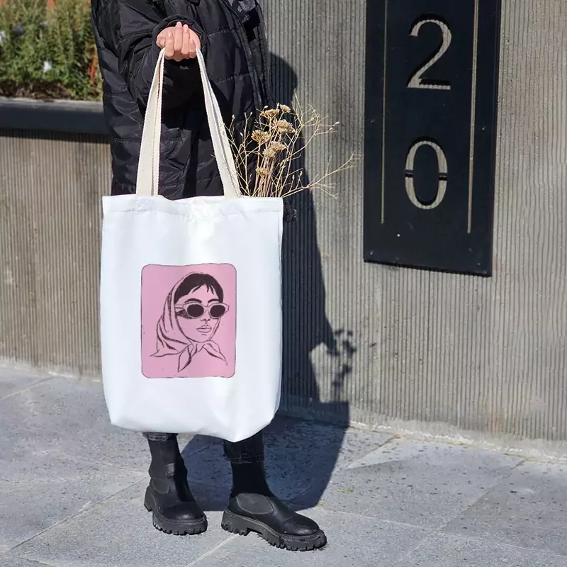 Canvas Tote Bag Featuring Girl Illustration – Hazaan Fabric, Comfortable Cotton Handles, Washable and Practical
