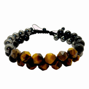 Double-Row Men’s Bracelet with Faceted Tiger’s Eye and Round Hematite Beads, Adjustable Knot Closure