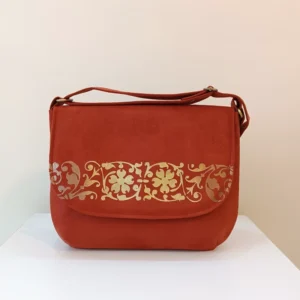 Elegant Hand-Painted Floral Traditional Fabric Shoulder Bag – Adjustable Strap with Two Internal Pockets, Orange Color