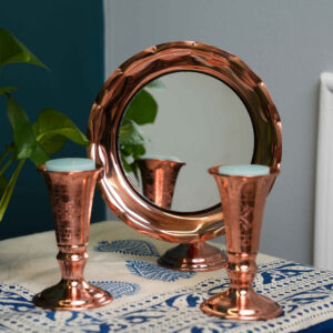 Elegant Persian Copper Candle Holder with Hand-Engraved Patterns & Mirror Frame Set – 3-Piece Decorative Home Accent