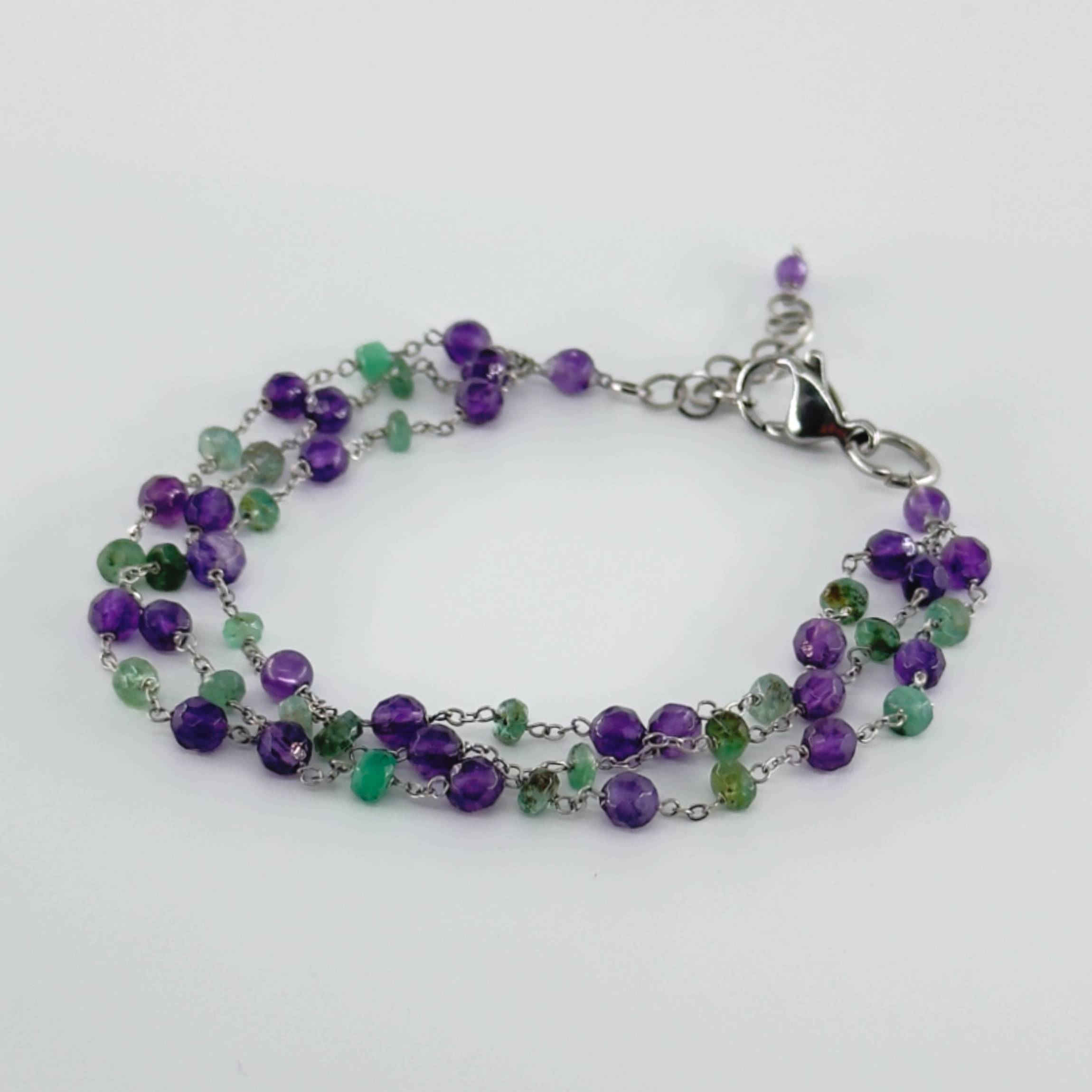 Emerald & Amethyst Women’s Bracelet — Multi‑Strand Gemstone Design with Adjustable Lobster Clasp