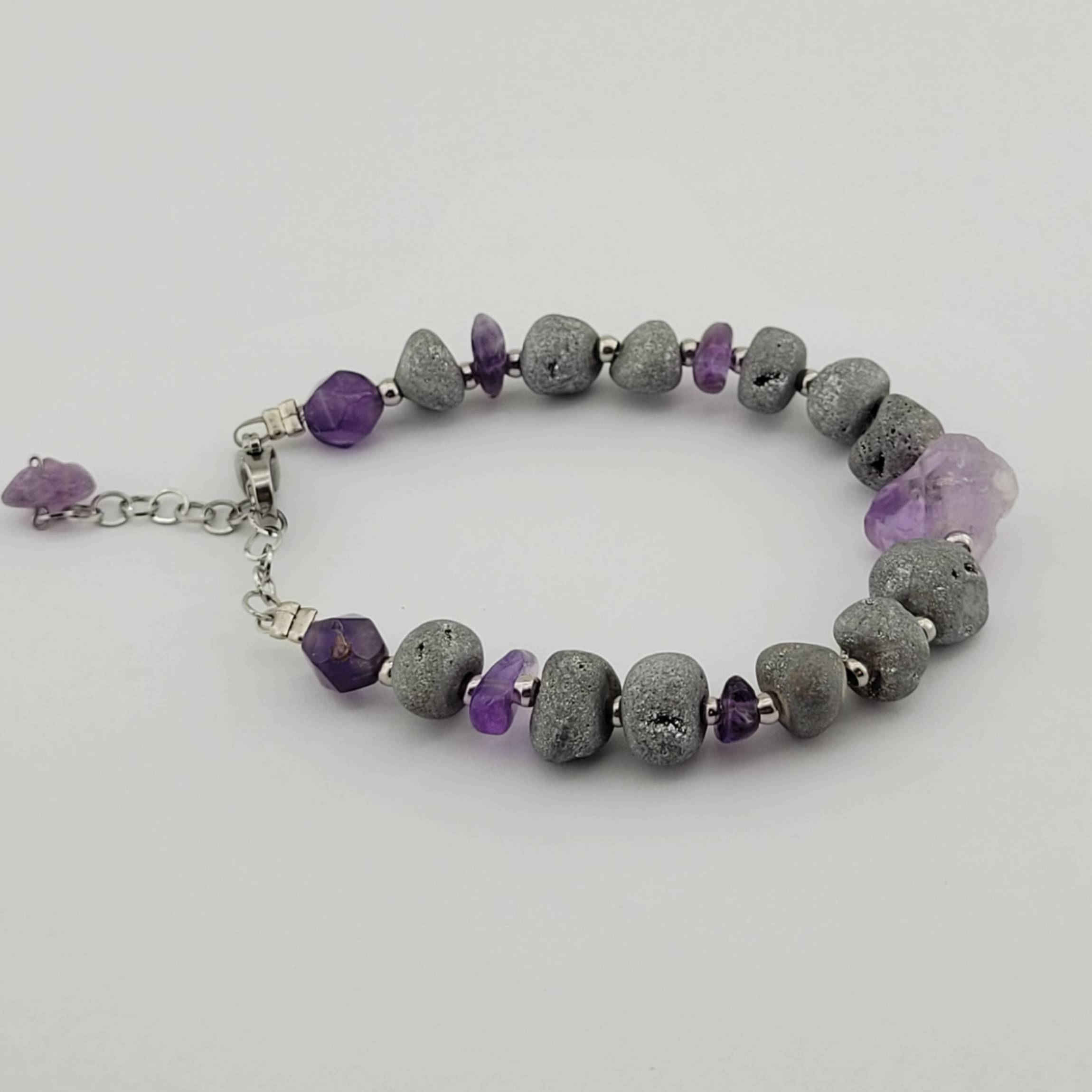 Exclusive Handmade Bracelet — Fire Agate & Brazilian Amethyst with Stainless Steel Adjustable Clasp