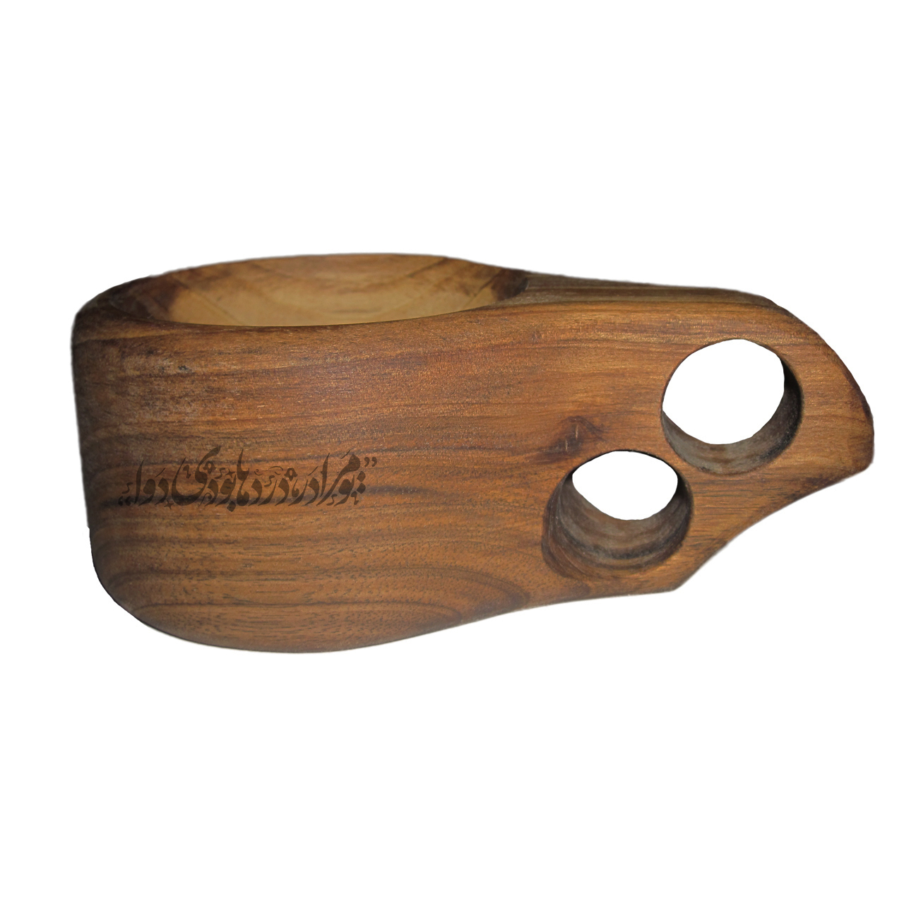 Hand-Carved Wooden Kuksa Mug – Engraved with Persian Verse “To Mara Dar Dardha Boodi Dava” , Perfect for Tea & Coffee
