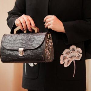 Persian Embroidery Floral Leather Handbag – Elegant Leather & Velvet Design for Festive Occasions