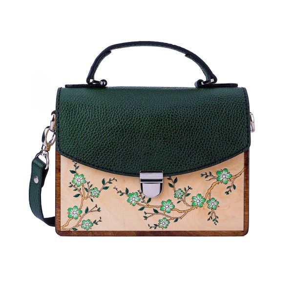 Hand-Painted Leather & Wooden Handbag with Floral Artwork – Elegant Bag for Everyday & Special Occasions