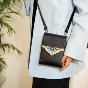 Hand-Painted Leather & Wooden Shoulder Bag with Persian Tazhib Design – Elegant Bag for Everyday Use & Special Occasions