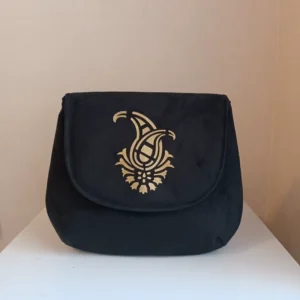 Hand-Painted Paisley Fabric Shoulder Bag – Traditional Design, Black Color with Two Internal Pockets