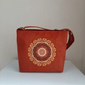 Hand-Painted Sun Design Fabric Shoulder Bag – Orange Color, Adjustable Strap & Two Internal Pockets