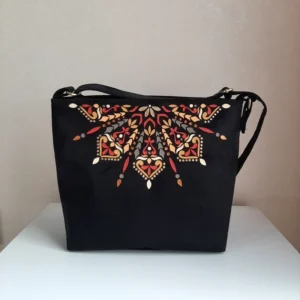Hand-Painted Traditional Fabric Women’s Shoulder Bag – Mandala Pattern & Black color with Adjustable Strap