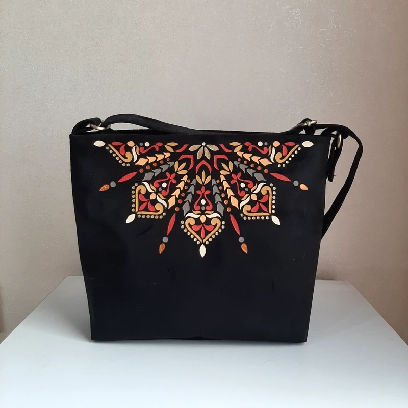 Hand-Painted Traditional Fabric Women’s Shoulder Bag – Mandala Pattern & Black color with Adjustable Strap