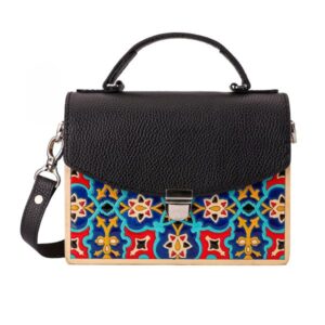 Handcrafted Black Leather Shoulder Bag – Iranian Tile Patterned, Stylish & Comfortable